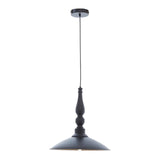 Black metal pendant ceiling light with turned stem and wide shade on white background