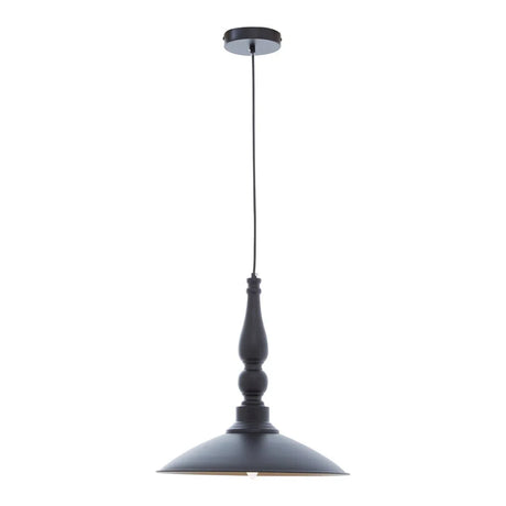 Black metal pendant ceiling light with turned stem and wide shade on white background