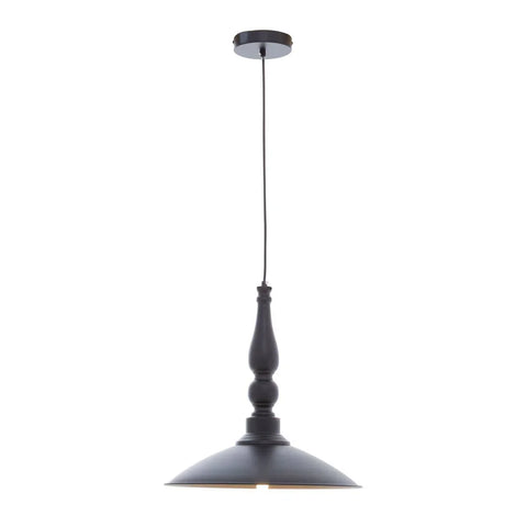 Black metal pendant ceiling light with turned stem and wide dome shade