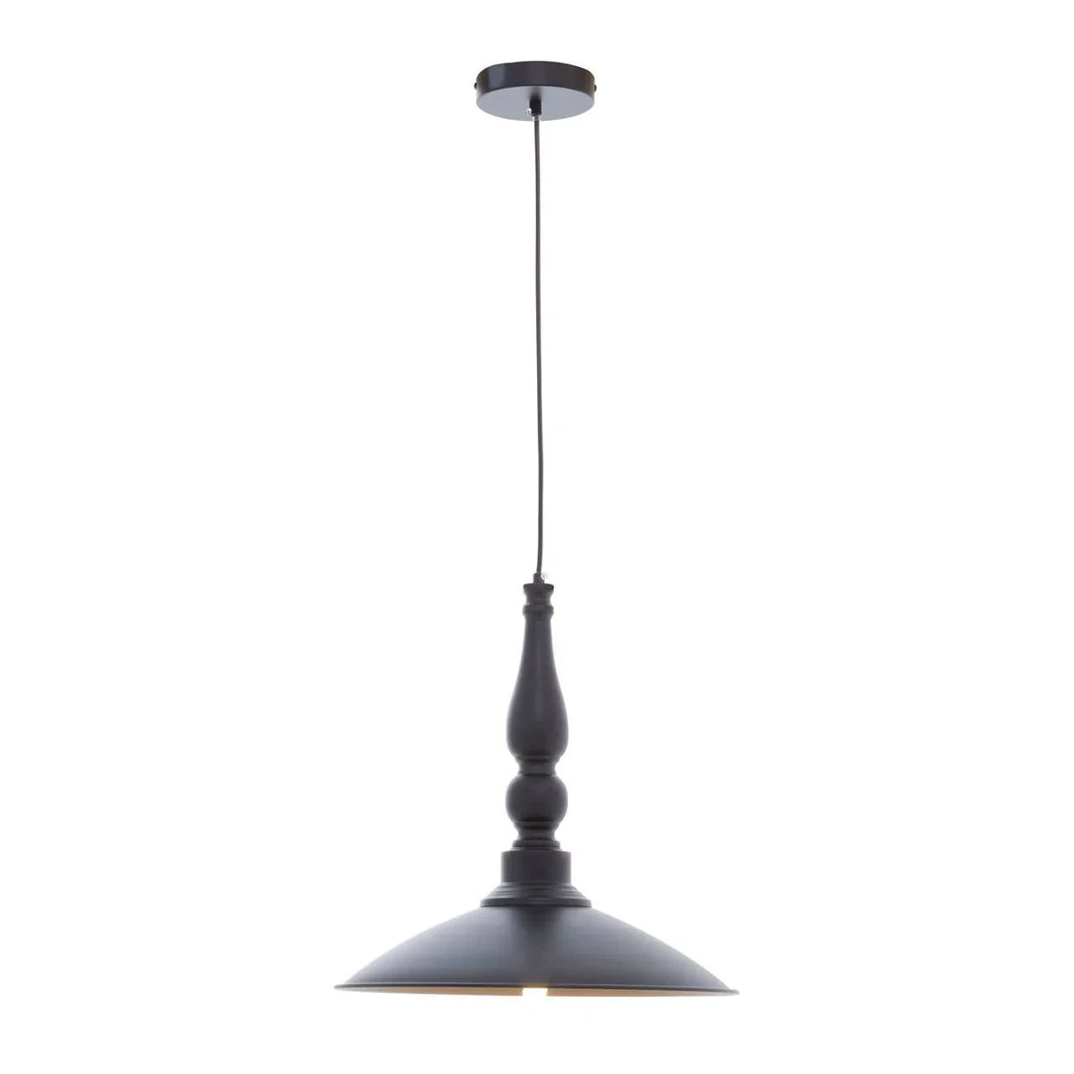 Black metal pendant ceiling light with turned stem and wide dome shade