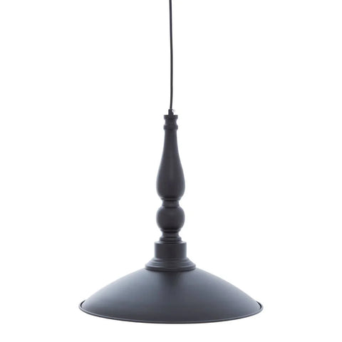Black metal pendant ceiling light with turned stem and wide dome shade