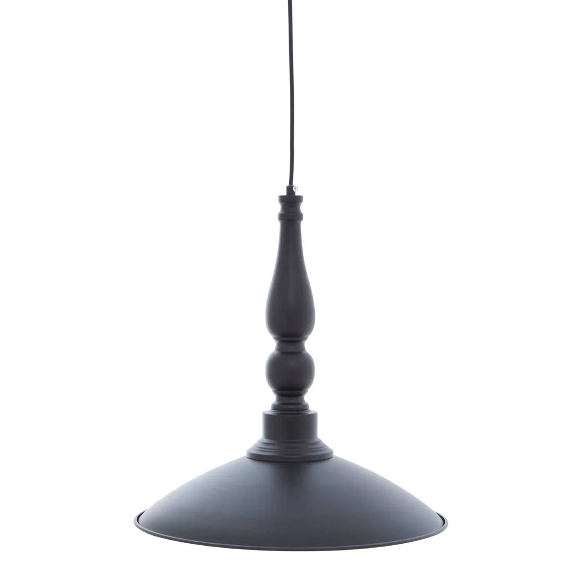 Black metal pendant ceiling light with turned stem and wide dome shade