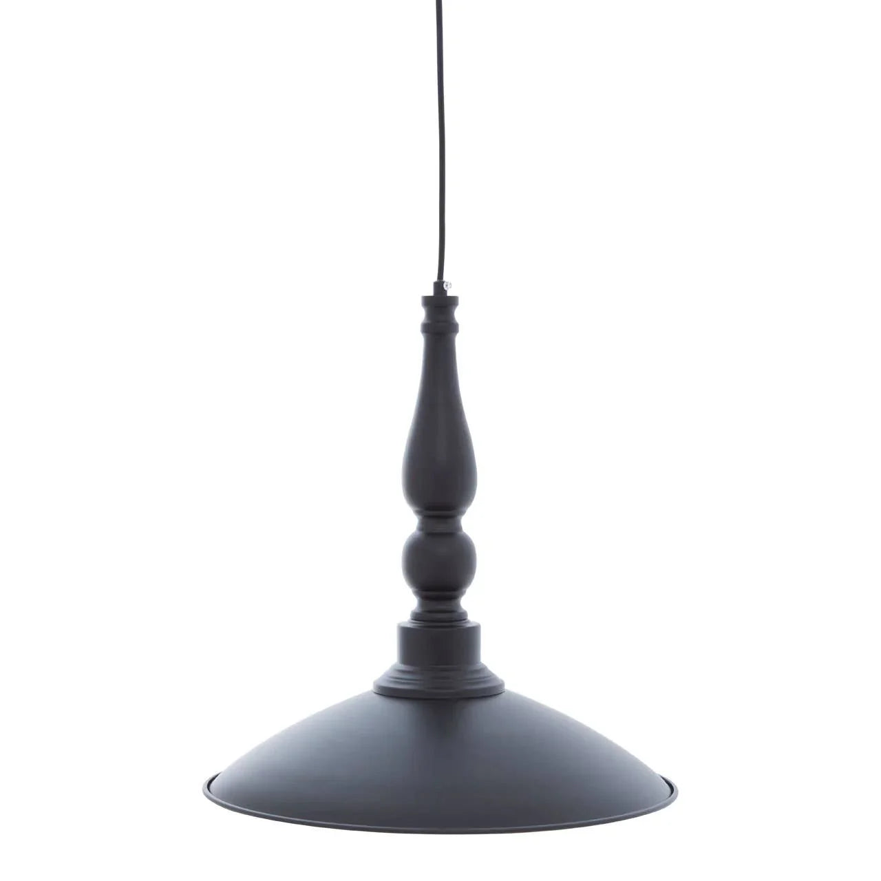 Black metal pendant ceiling light with turned stem and wide dome shade