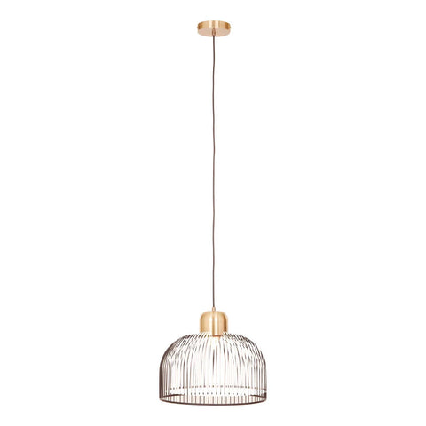 Gold metal wire pendant light with dome shade on white background