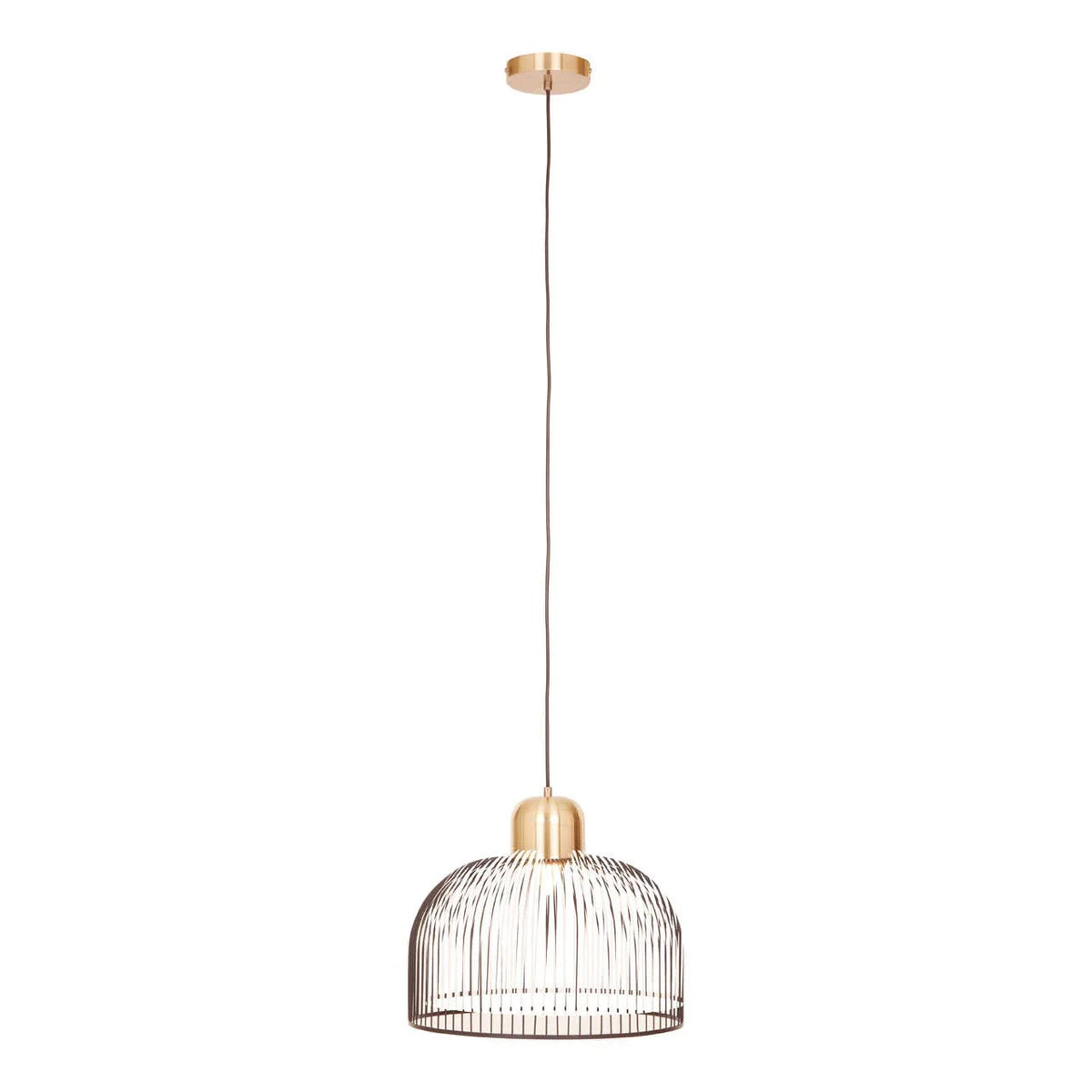 Gold metal wire pendant light with dome shade on white background