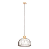 Gold metal wire pendant light with dome shade on white background
