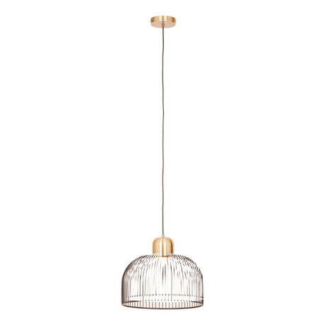 Gold metal wire pendant light with dome shade on white background