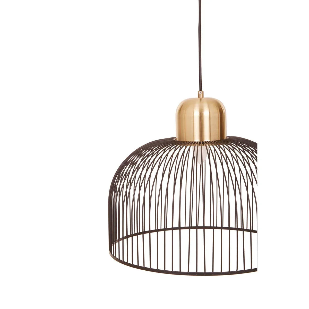 Metal wire pendant light with gold dome top and black open cage shade