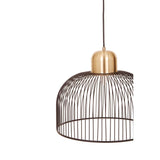 Metal wire pendant light with gold dome top and black open cage shade