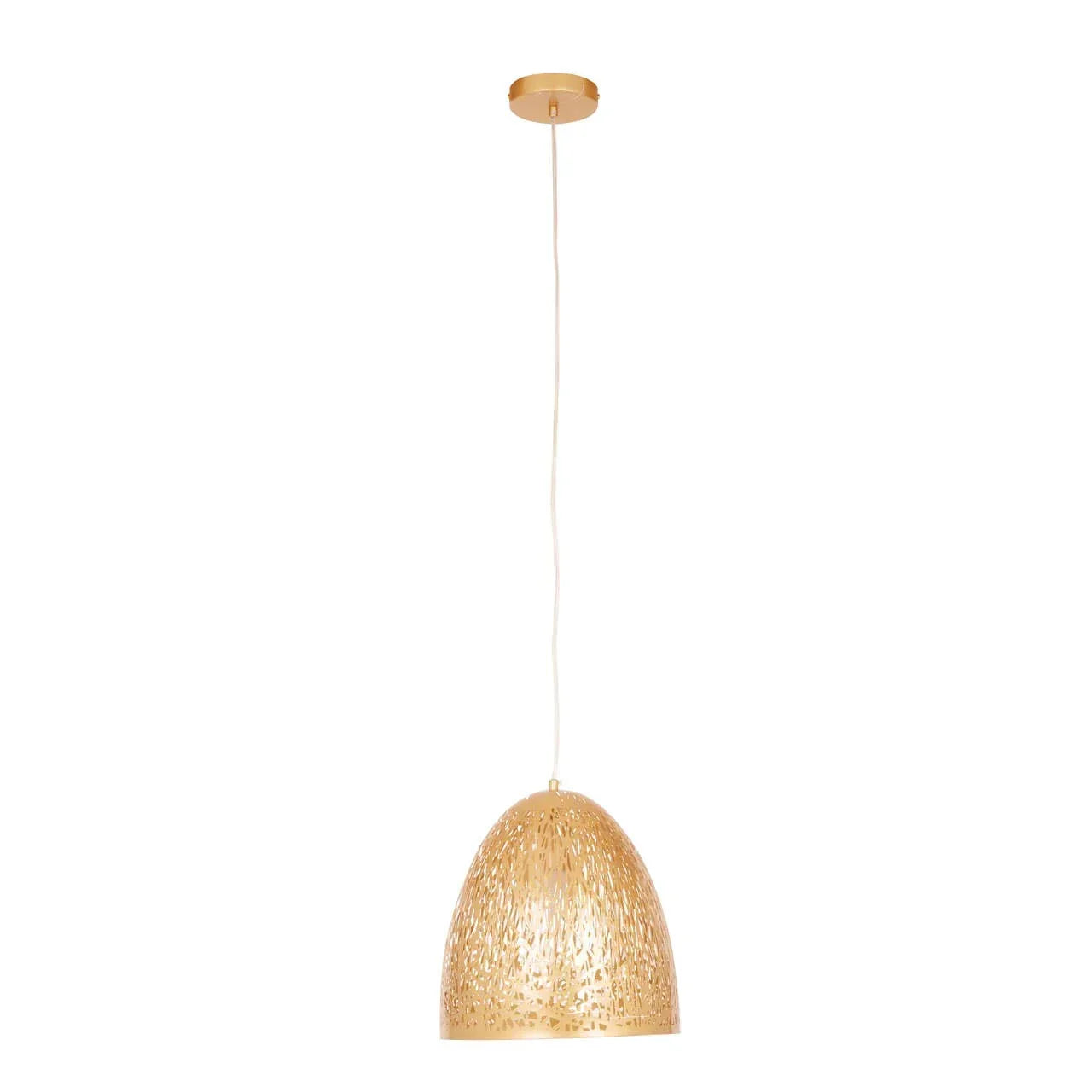Woven rattan pendant light with dome shade and natural finish, hanging from ceiling