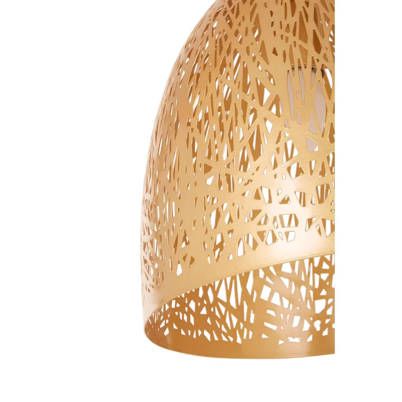Gold metal pendant light shade with geometric cutout pattern, side angle view