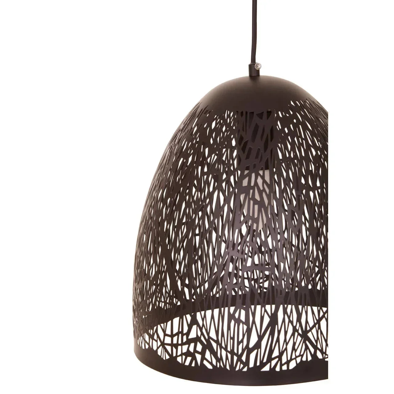 Black metal pendant lamp with intricate cut-out pattern and dome shape