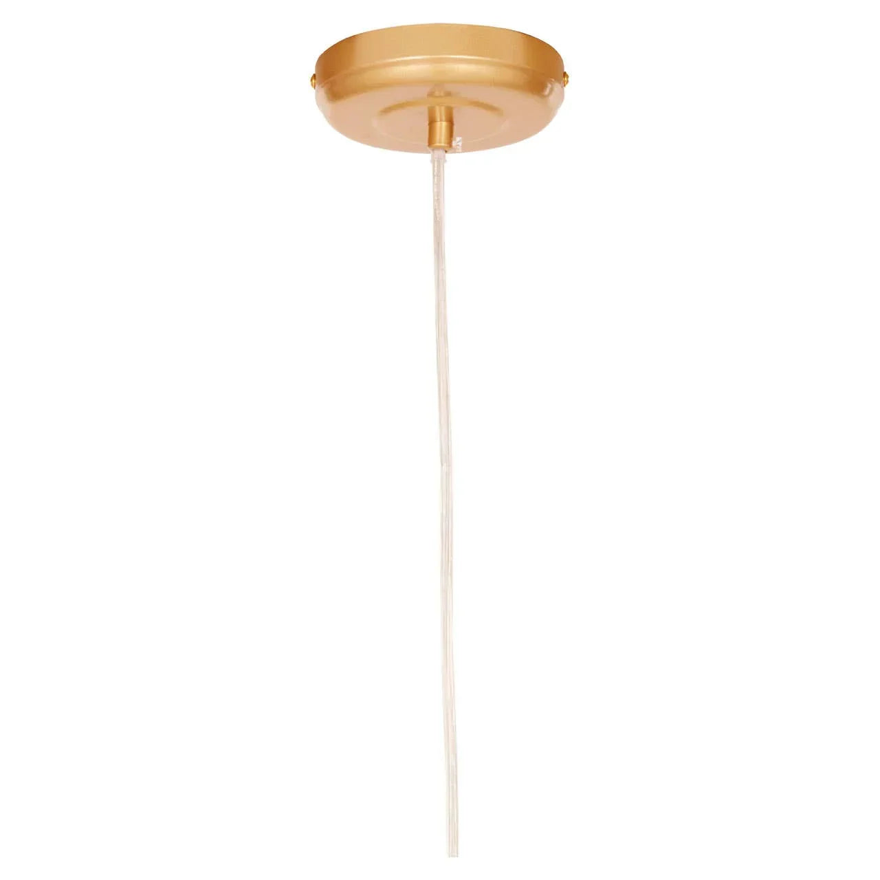Gold ceiling light fitting with clear hanging cord, close-up of base