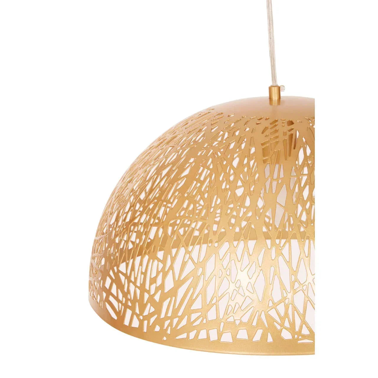 Gold metal pendant light with intricate cut-out pattern, close-up side view