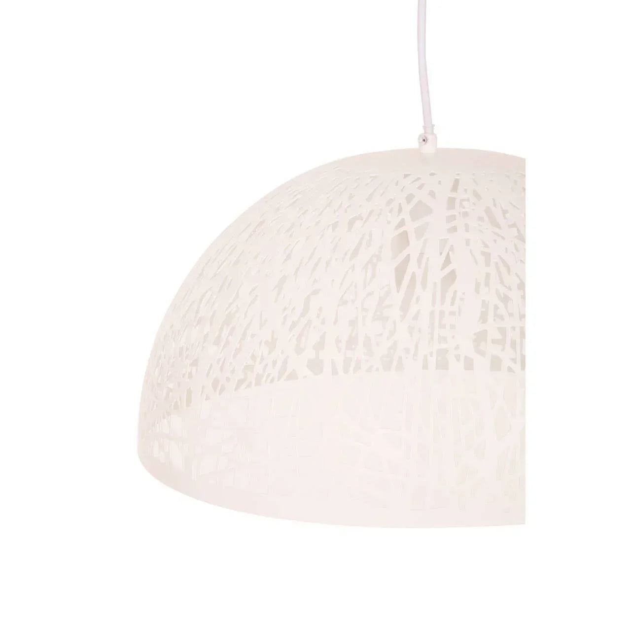 White pendant ceiling light with cutout pattern and dome shade, close-up side view