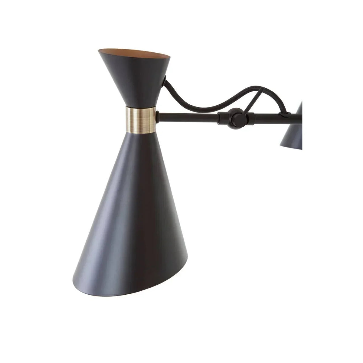 Black metal wall lamp with double cone shades and brass accent, side view