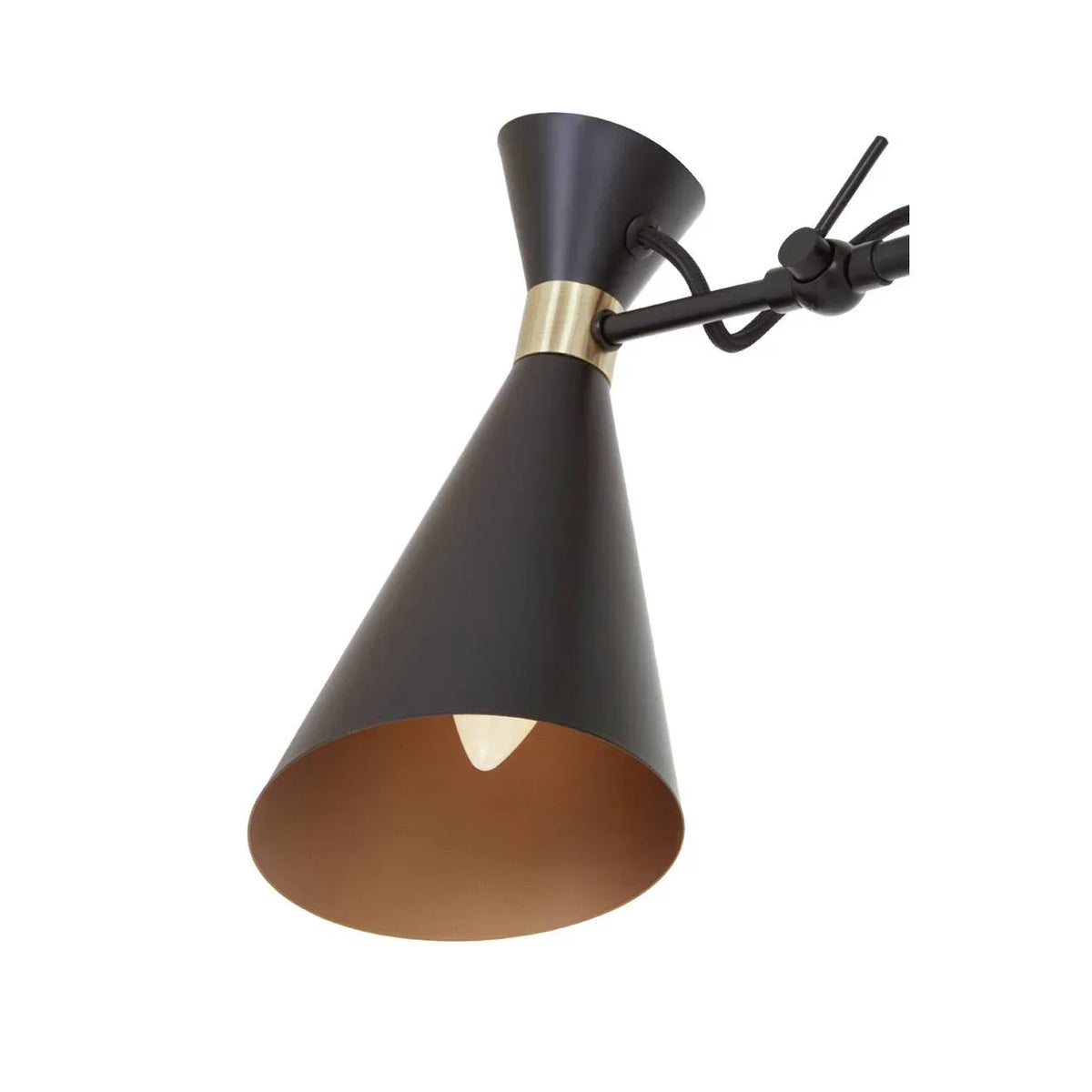 Black metal wall lamp with gold accent and conical shade, close-up angle