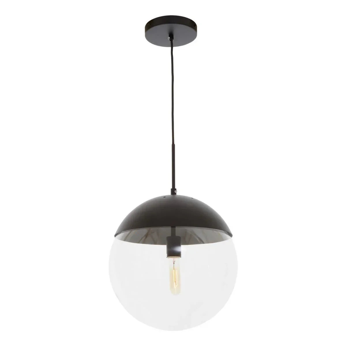 Black and clear glass pendant light with exposed bulb and round ceiling mount