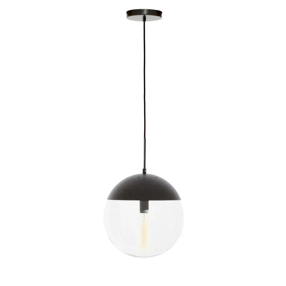 Black and glass pendant ceiling light with round shade and exposed bulb