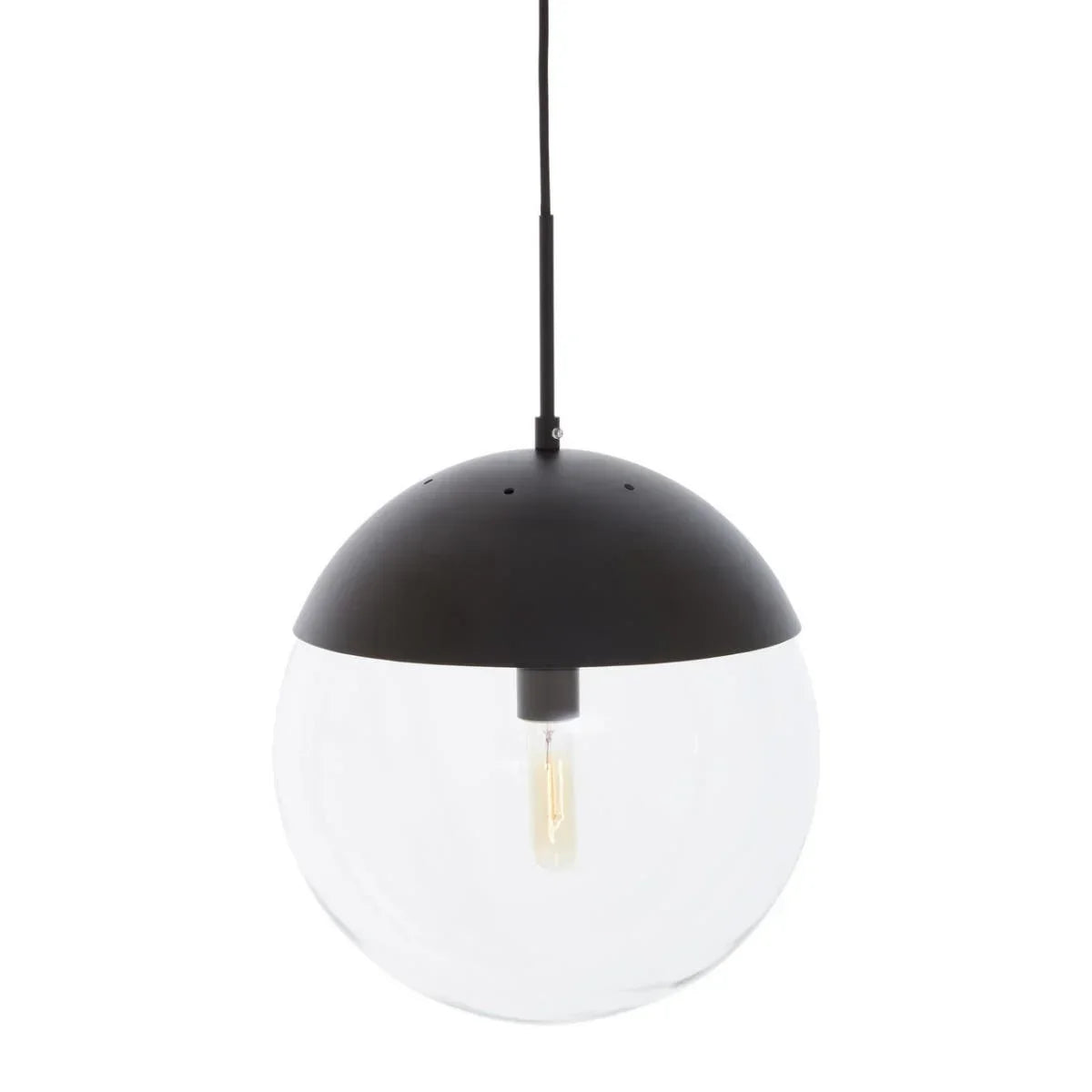 Modern black and clear glass pendant light with exposed bulb hanging from ceiling