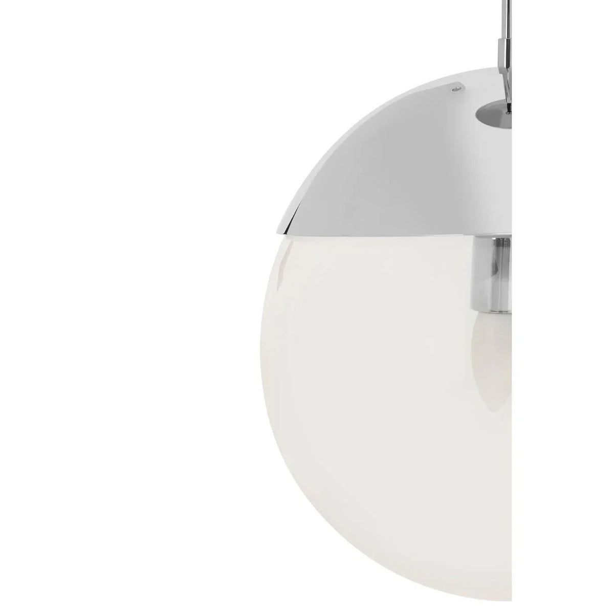 Chrome and white glass pendant light globe closeup with visible hanging fixture