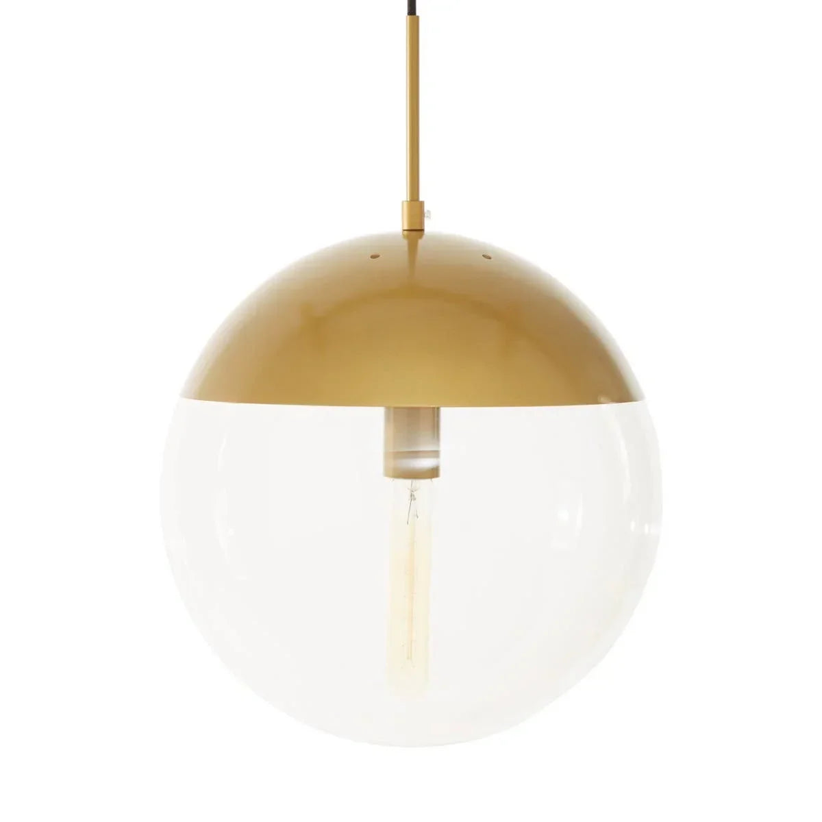 Modern pendant light with gold metal top and clear glass globe shade
