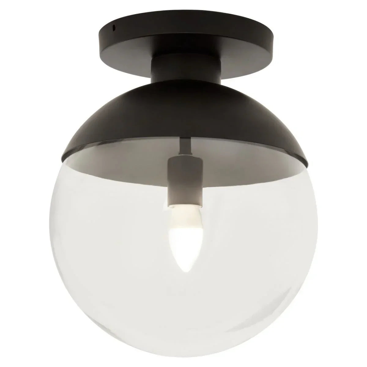 Modern ceiling light fixture with black base and clear glass globe shade