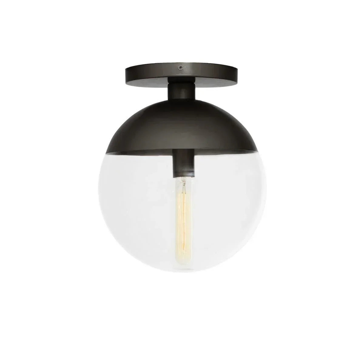 Modern ceiling light with round glass shade and black metal fixture, exposed filament bulb