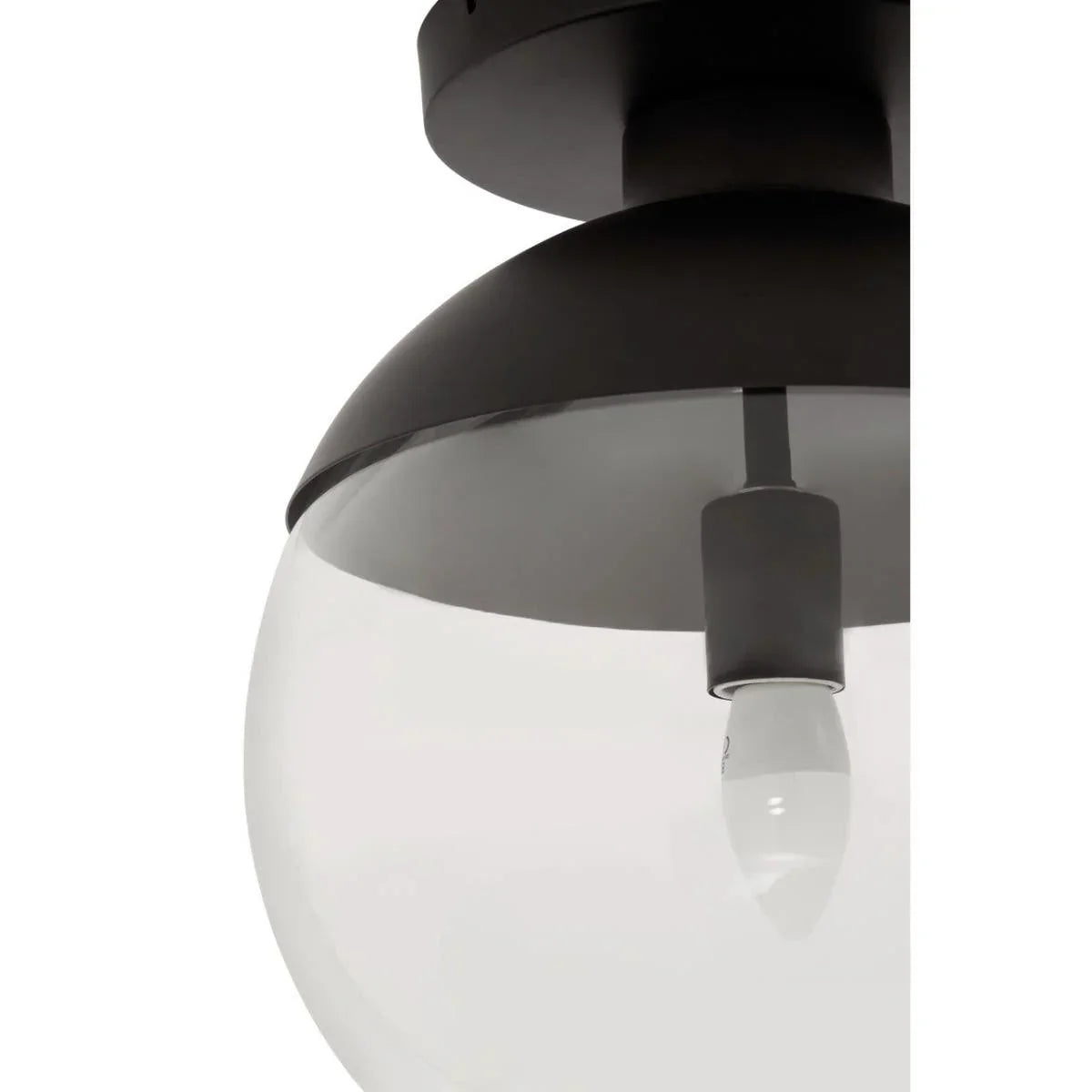Close-up of modern ceiling light with clear glass globe and black metal fitting