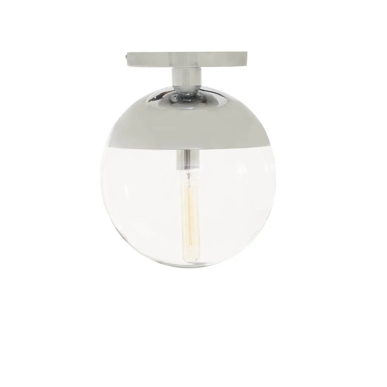 Modern glass globe ceiling light with chrome base and exposed bulb