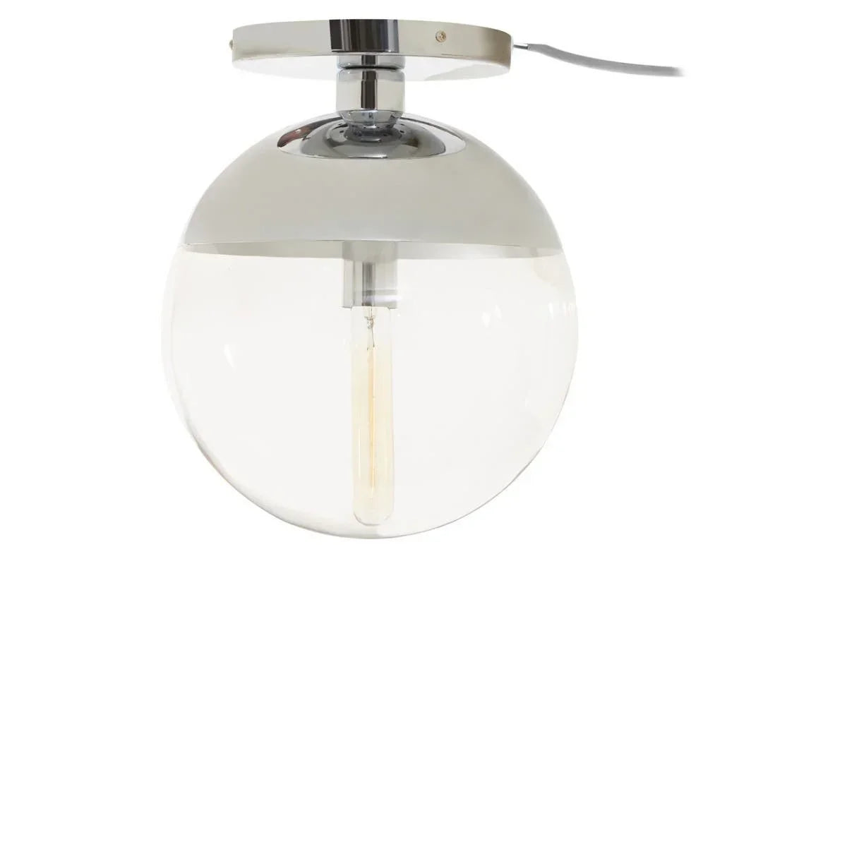 Chrome and glass ceiling light fixture with exposed bulb and round globe design