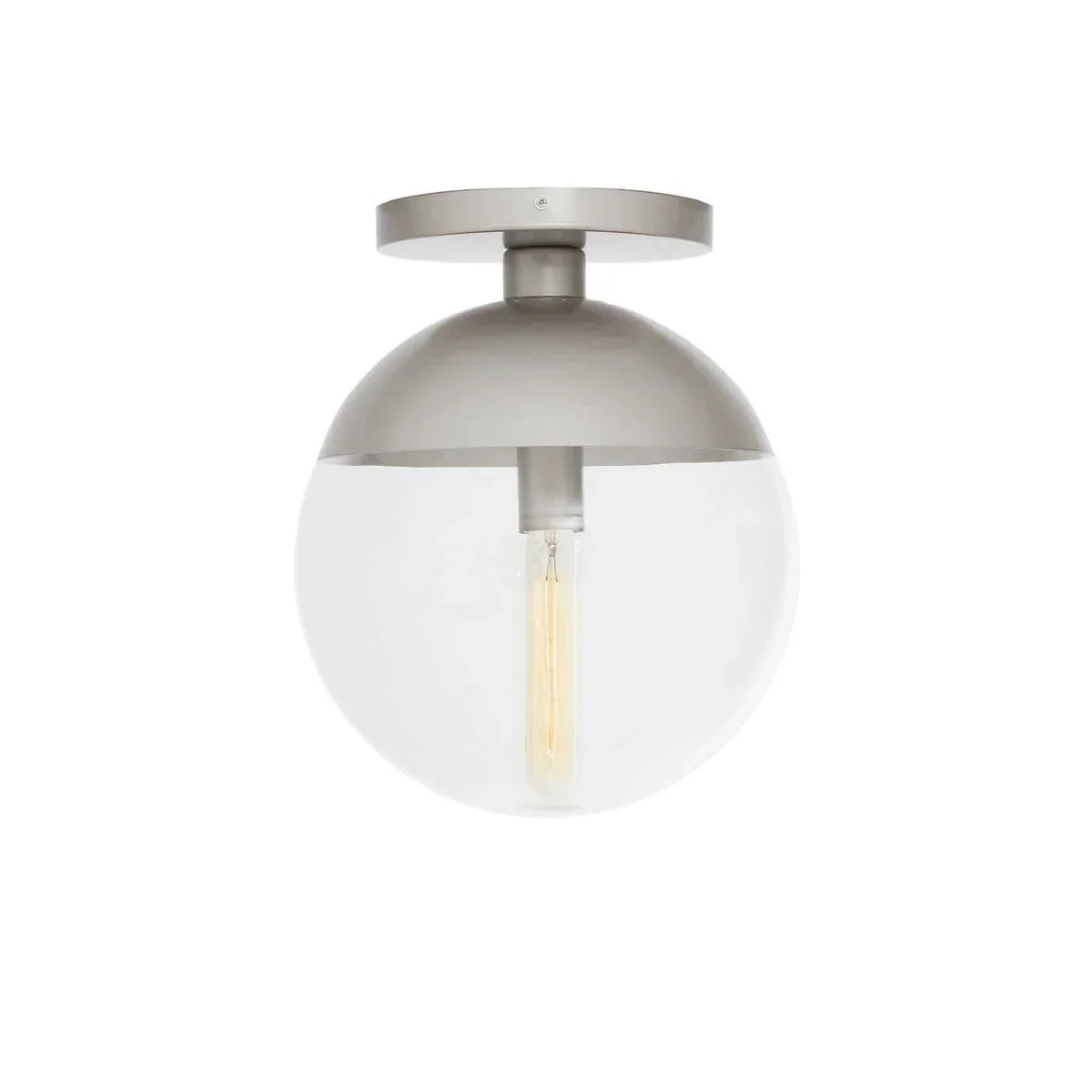 Modern ceiling light fixture with clear glass globe and exposed bulb