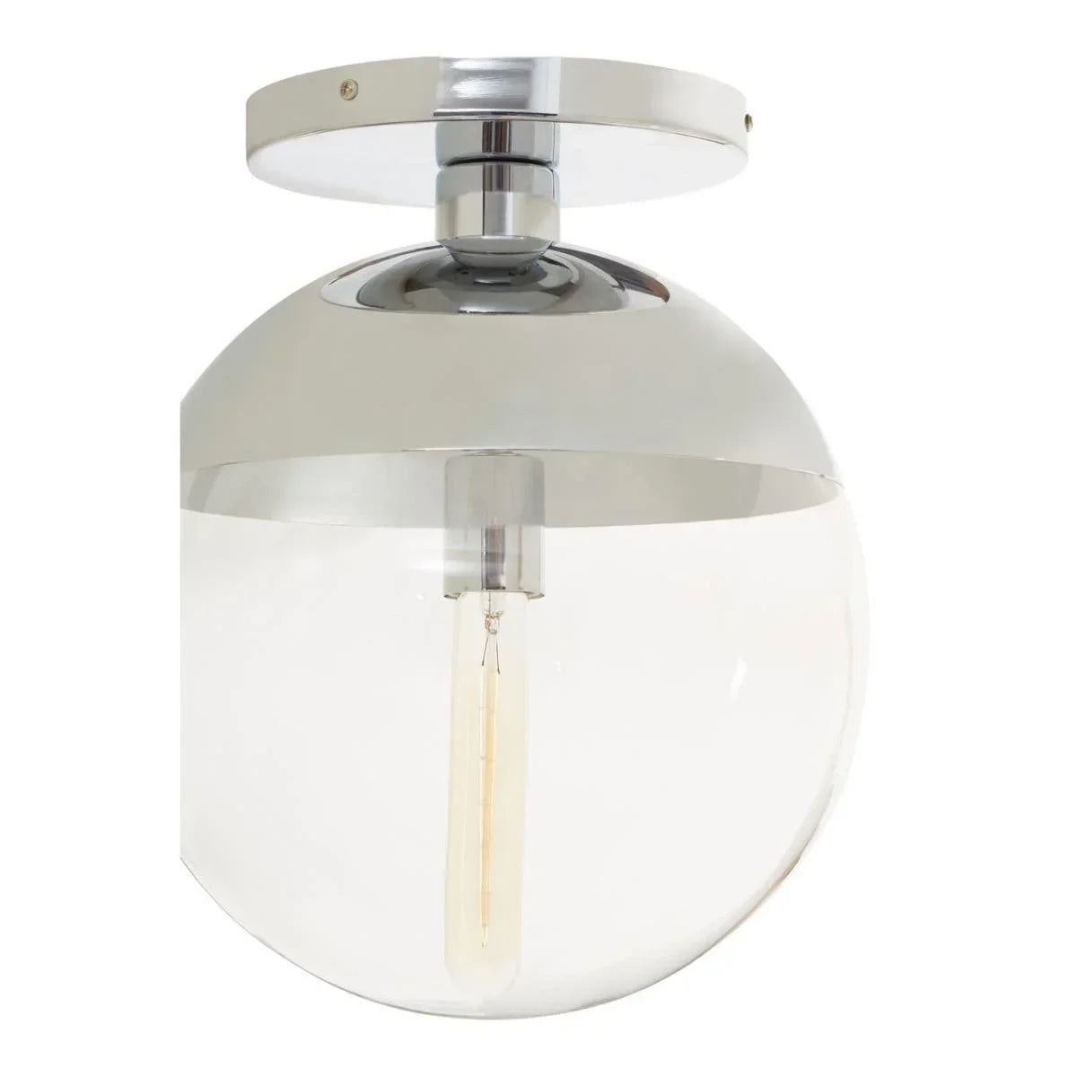Chrome ceiling light with clear glass globe and exposed bulb, modern lighting fixture