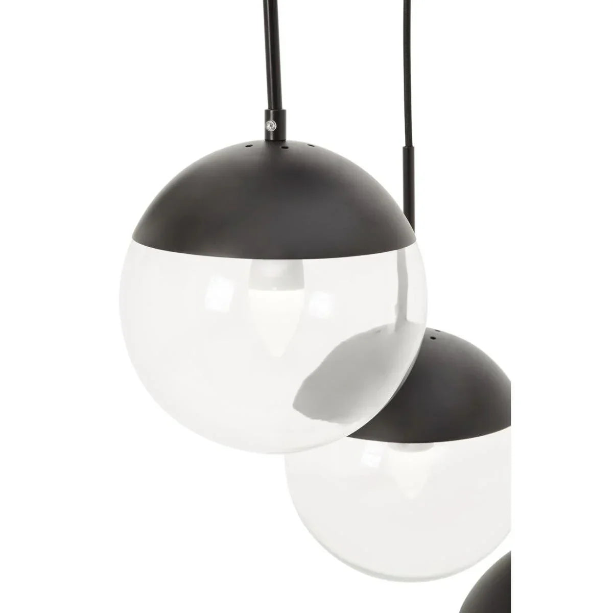 Black and clear glass globe pendant lights with matte finish, close-up view