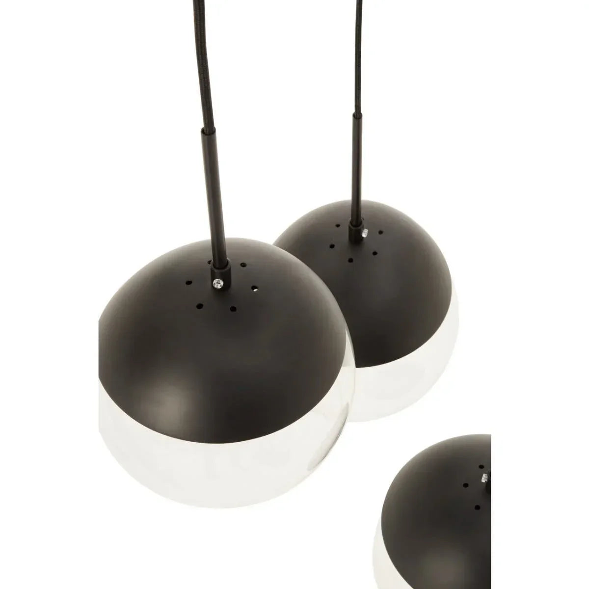 Black and silver pendant ceiling lights with round metal shades, close-up view