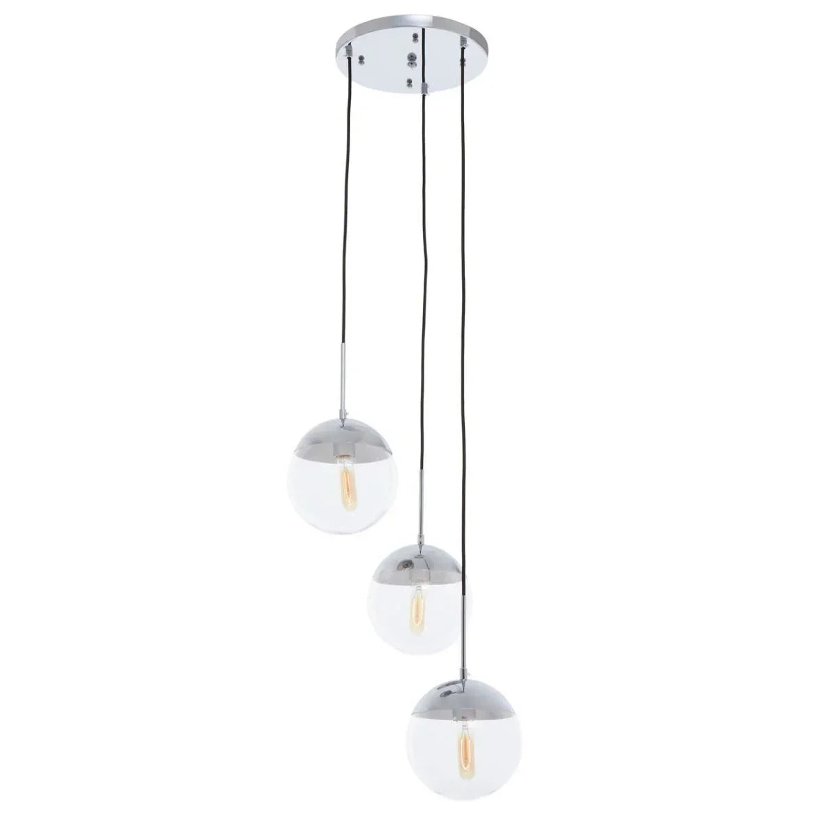 Three chrome globe pendant lights with clear glass shades hanging from ceiling mount