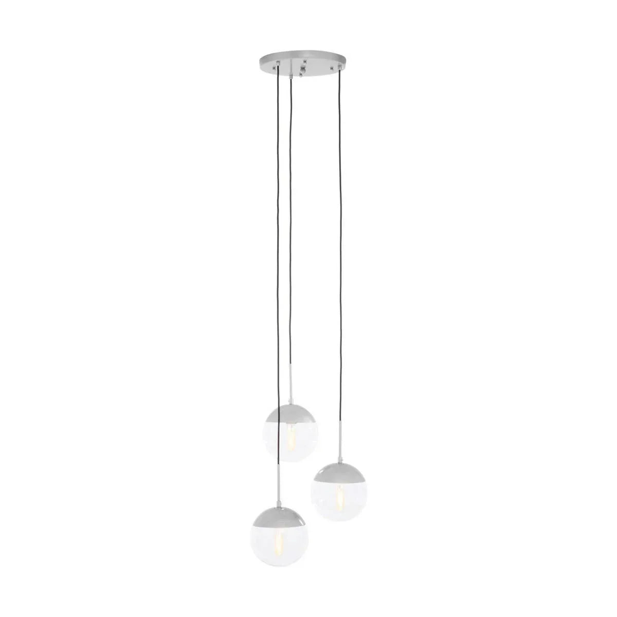 Modern pendant ceiling light with three white glass globe shades and black cables