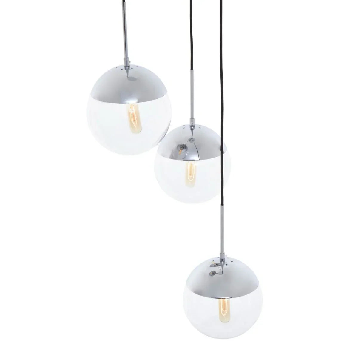 Chrome and glass globe pendant lights with exposed bulbs, modern hanging lighting trio