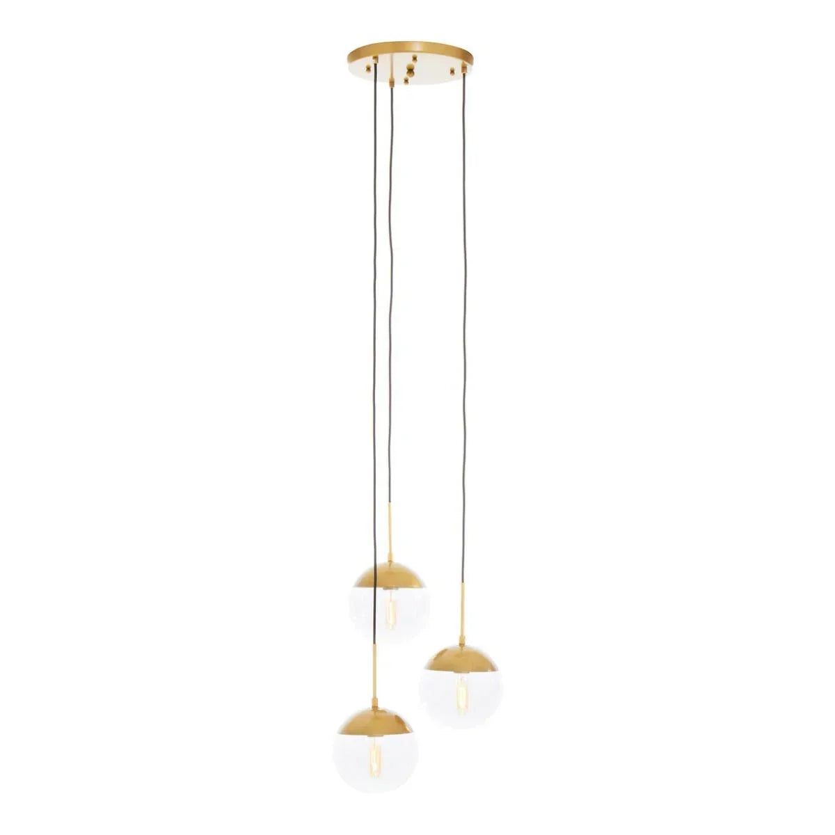 Gold and glass pendant ceiling light with three hanging globe lamps