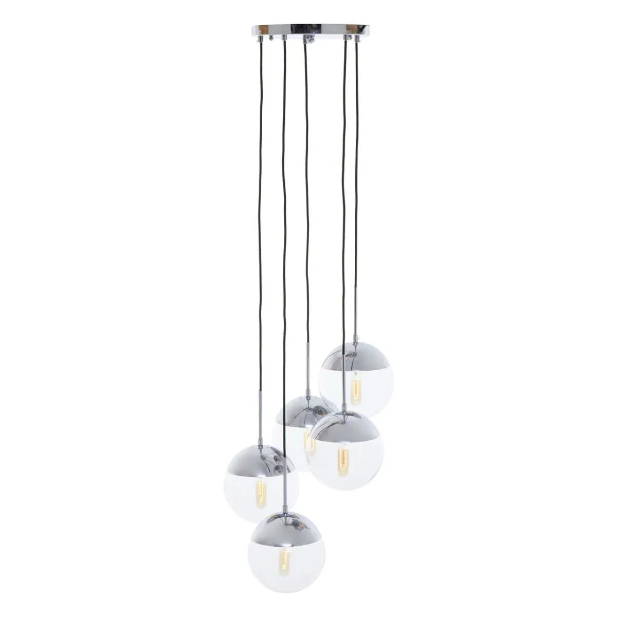 Five globe pendant lights with chrome finish and clear glass suspended from ceiling plate