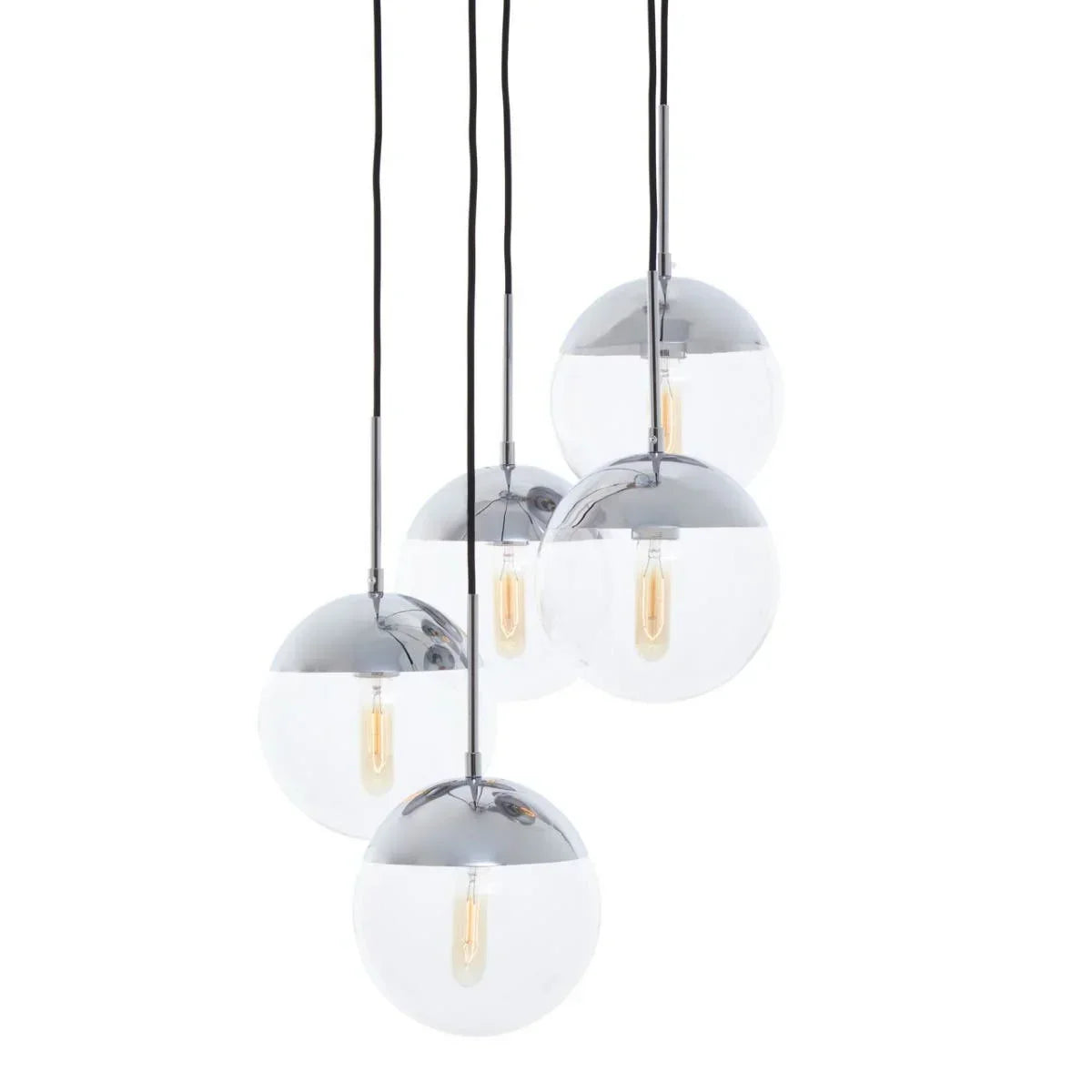 Chrome and glass cluster pendant light with five spherical shades and exposed bulbs