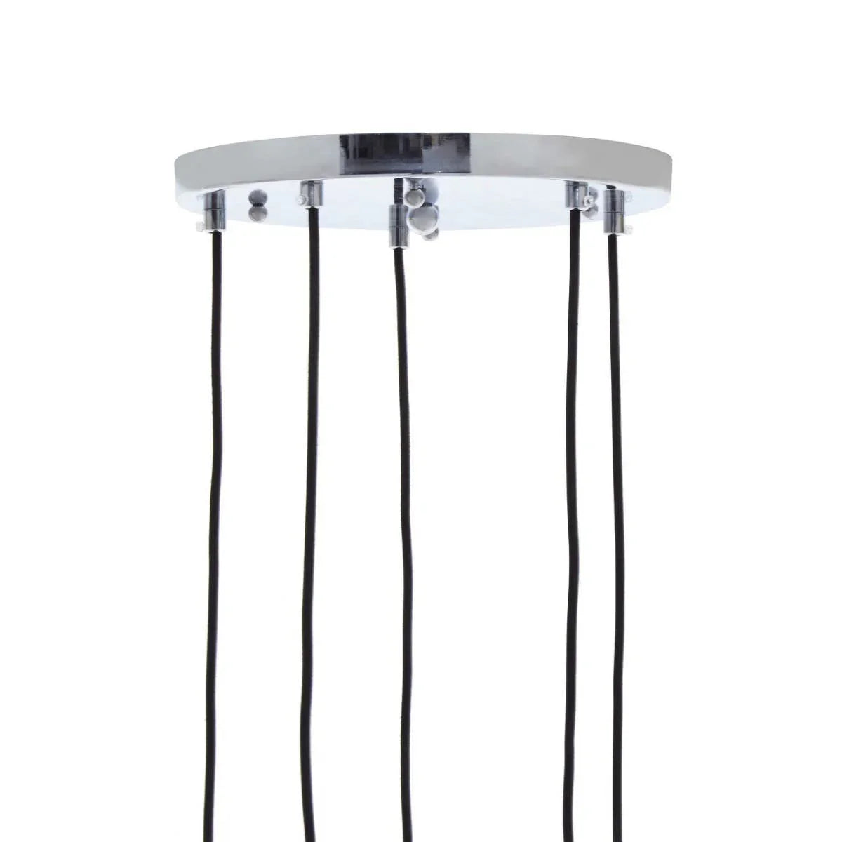 Chrome pendant light ceiling plate with four hanging black cables, modern lighting fixture