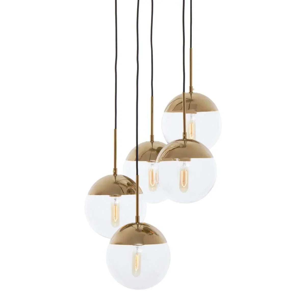 Cluster of five glass globe pendant lights with gold tops and black cords