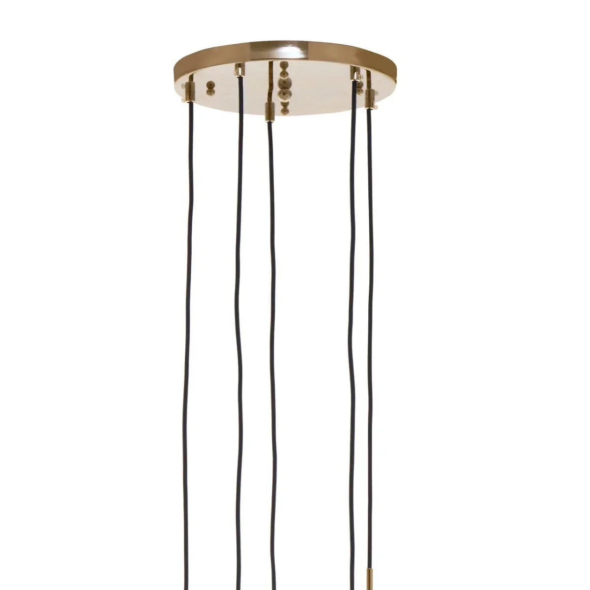 Modern ceiling lamp base with gold finish and four black pendant cords