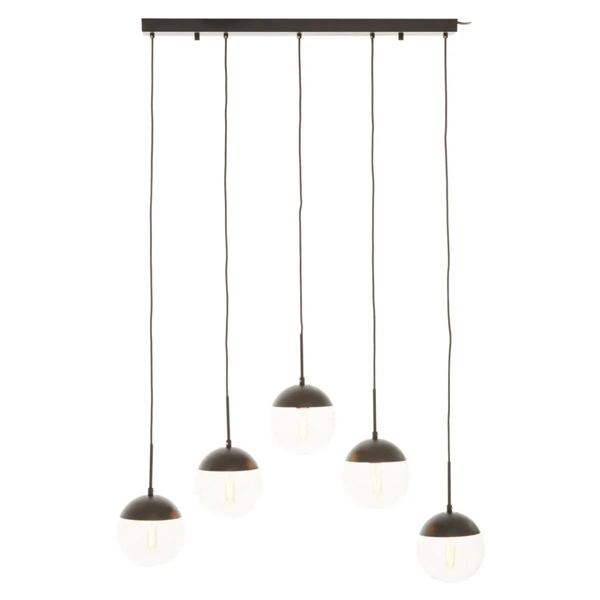 Modern pendant light fixture with five black and white globe glass shades hanging in a row