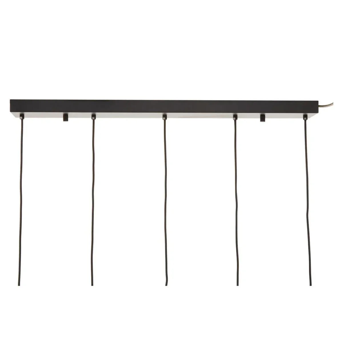 Black rectangular ceiling light fitting with five pendant lamp cords hanging vertically