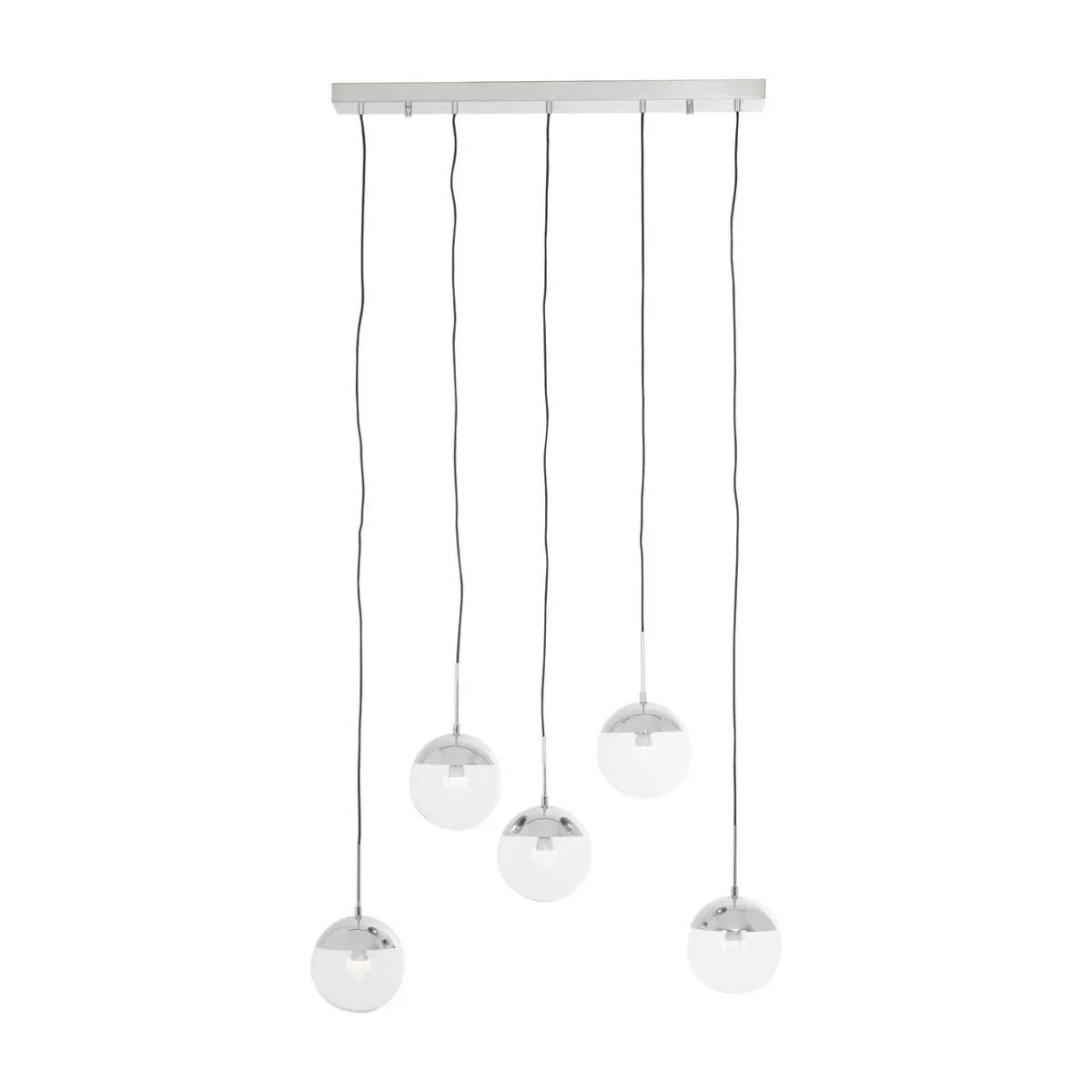 Modern chrome and glass pendant ceiling light with five hanging globe lamps