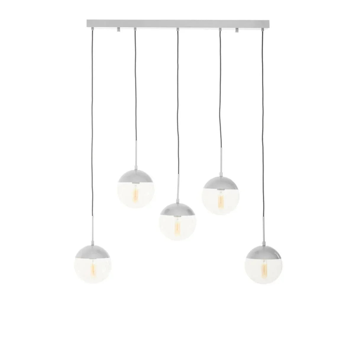 Five globe pendant lights with white shades and exposed bulbs, hanging from a rectangular mount