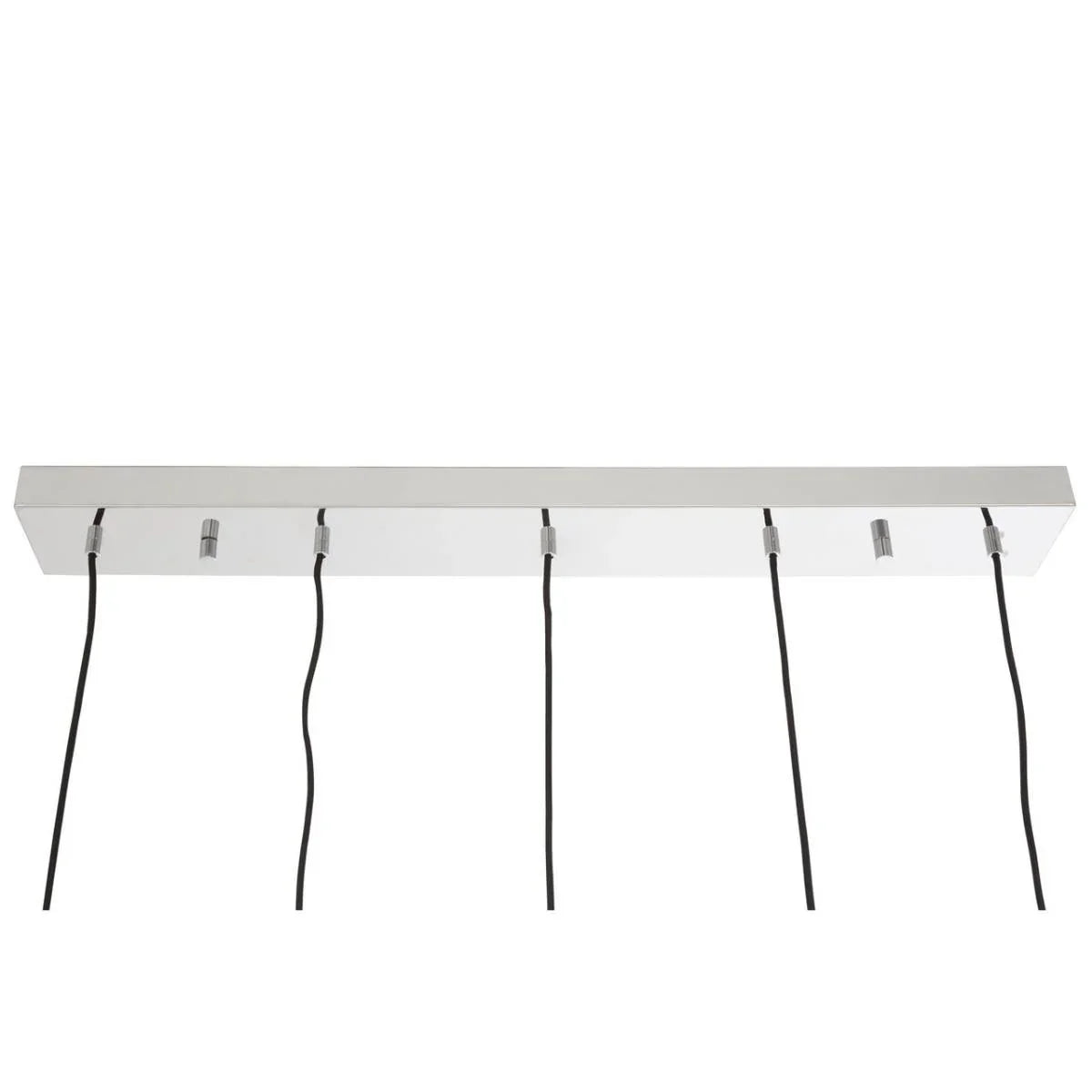 Chrome ceiling light bar with five black pendant cords, modern linear design