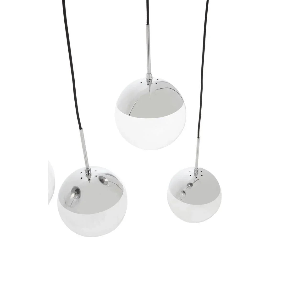 Chrome sphere pendant lights with white lower half, shown from a bottom angle